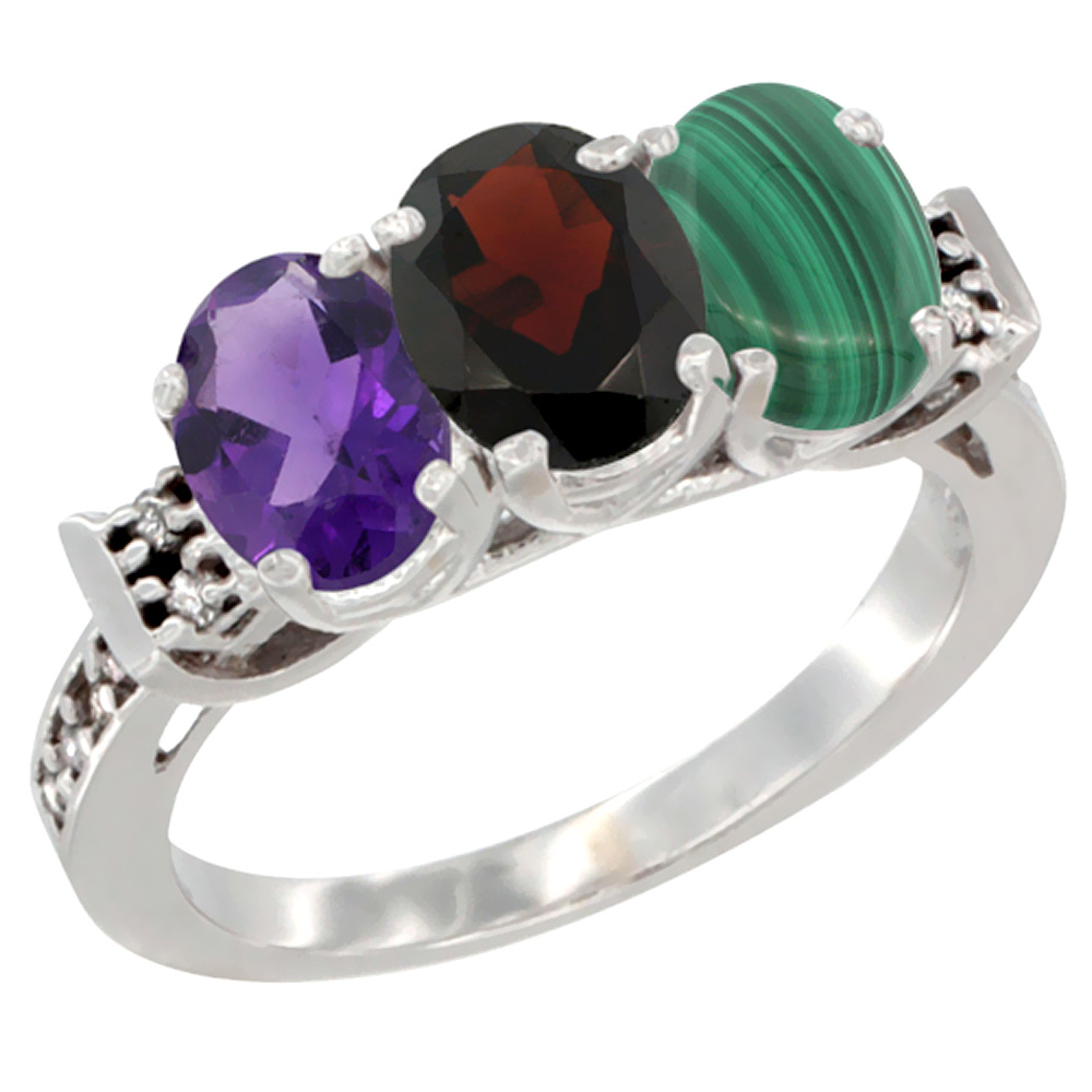 10K White Gold Natural Amethyst, Garnet &amp; Malachite Ring 3-Stone Oval 7x5 mm Diamond Accent, sizes 5 - 10