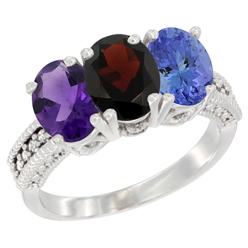 14K White Gold Natural Amethyst, Garnet & Tanzanite Ring 3-Stone 7x5 mm Oval Diamond Accent, sizes 5 - 10