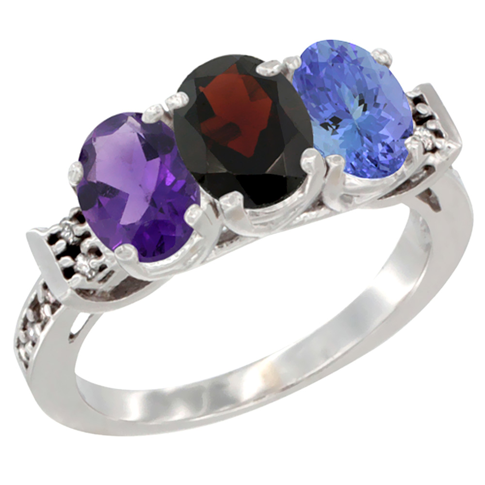 14K White Gold Natural Amethyst, Garnet & Tanzanite Ring 3-Stone 7x5 mm Oval Diamond Accent, sizes 5 - 10