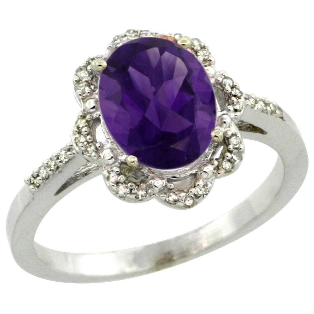 14K White Gold Diamond Halo Natural Amethyst Engagement Ring Oval 9x7mm, sizes 5-10