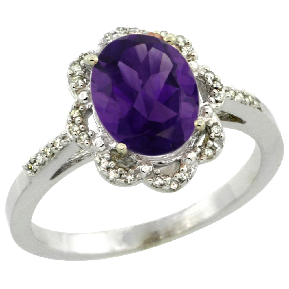 10K White Gold Diamond Halo Genuine Amethyst Engagement Ring Oval 9x7mm sizes 5-10