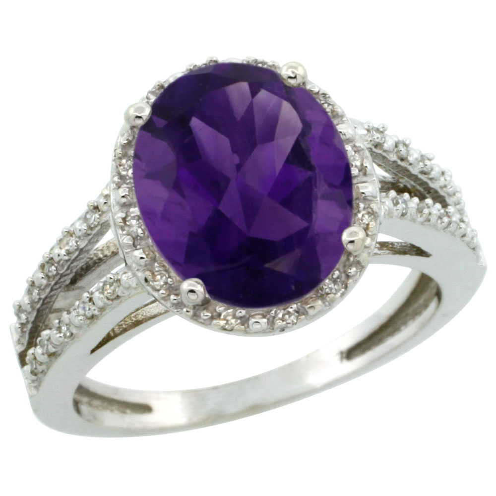 14K White Gold Natural Amethyst Diamond Halo Ring Oval 11x9mm, sizes 5-10