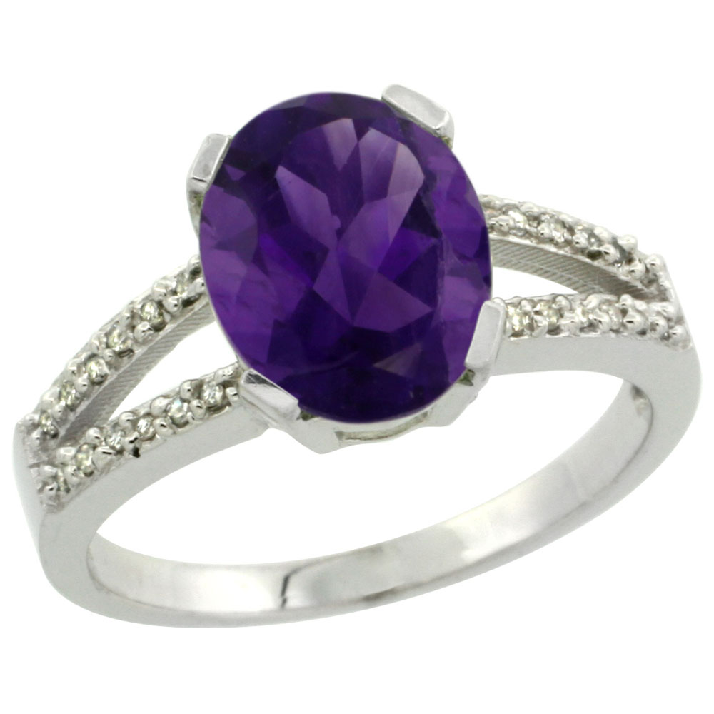 14K White Gold Diamond Natural Amethyst Engagement Ring Oval 10x8mm, sizes 5-10