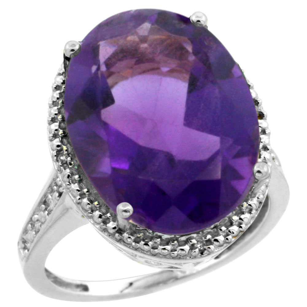 10K White Gold Diamond Genuine Amethyst Ring Oval 18x13mm sizes 5-10