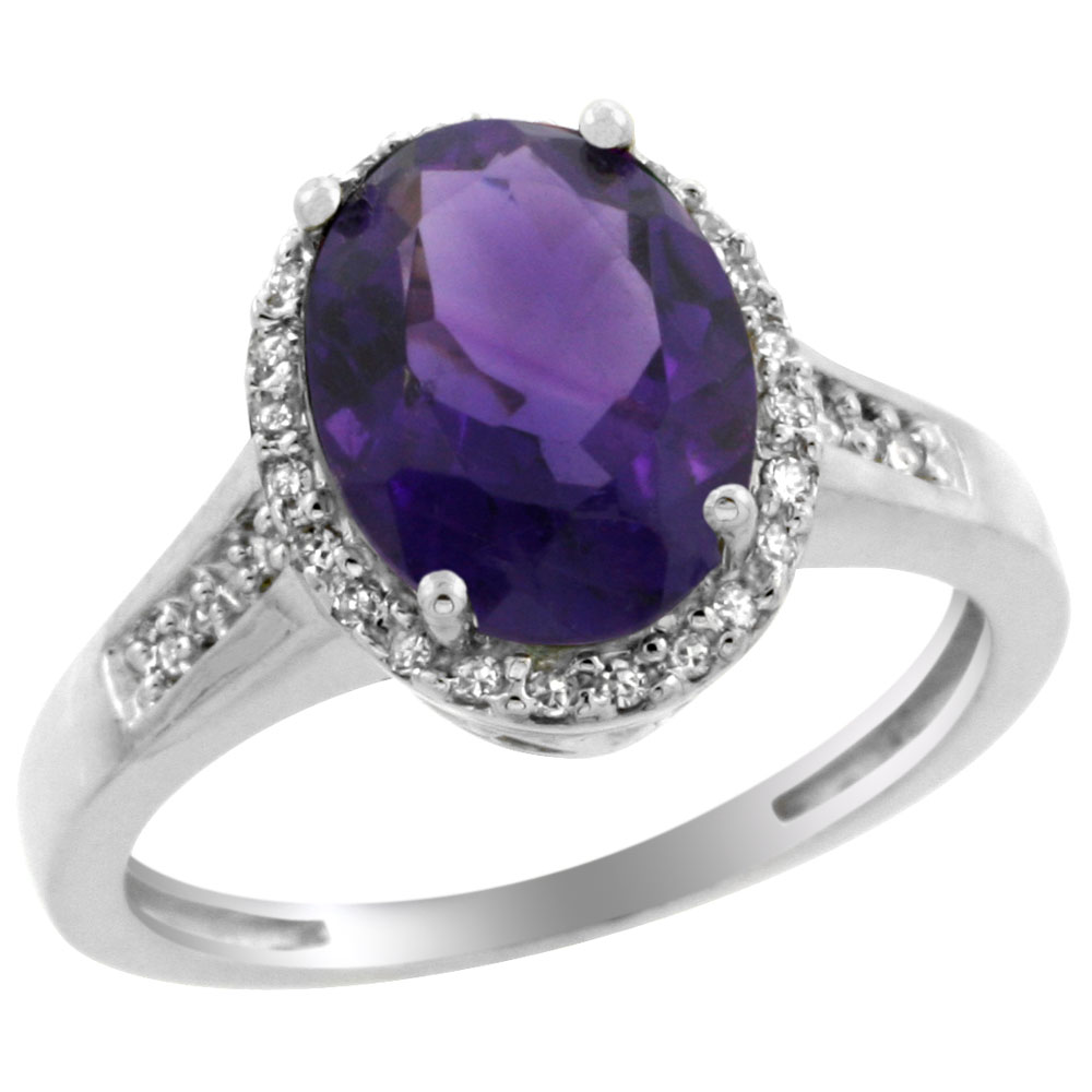 14K White Gold Diamond Natural Amethyst Engagement Ring Oval 10x8mm, sizes 5-10