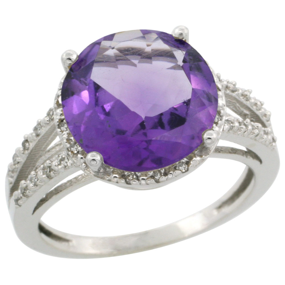 14K White Gold Diamond Natural Amethyst Ring Round 11mm, sizes 5-10