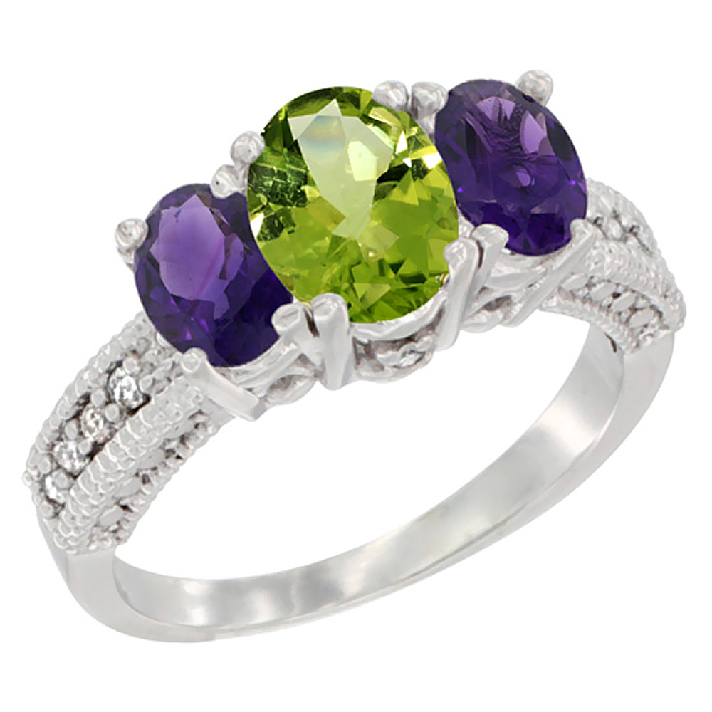 10K White Gold Diamond Natural Peridot Ring Oval 3-stone with Amethyst, sizes 5 - 10