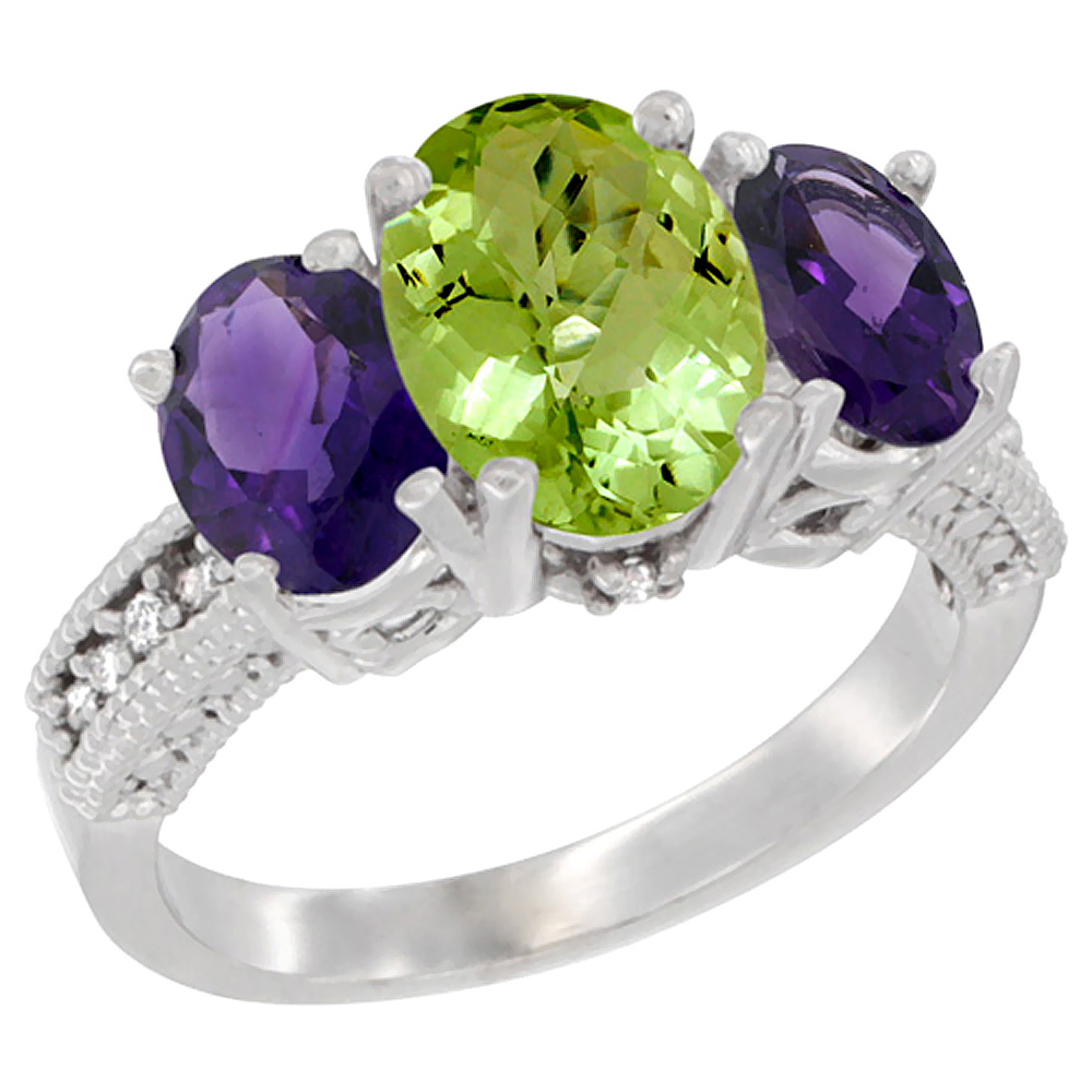 14K White Gold Diamond Natural Peridot Ring 3-Stone Oval 8x6mm with Amethyst, sizes5-10