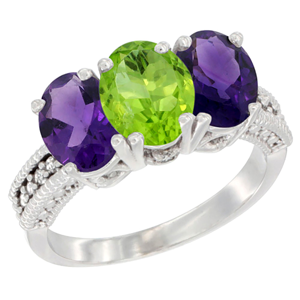 10K White Gold Natural Peridot & Amethyst Sides Ring 3-Stone Oval 7x5 mm Diamond Accent, sizes 5 - 10