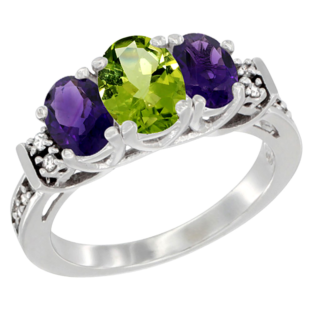 14K White Gold Natural Peridot &amp; Amethyst Ring 3-Stone Oval Diamond Accent, sizes 5-10