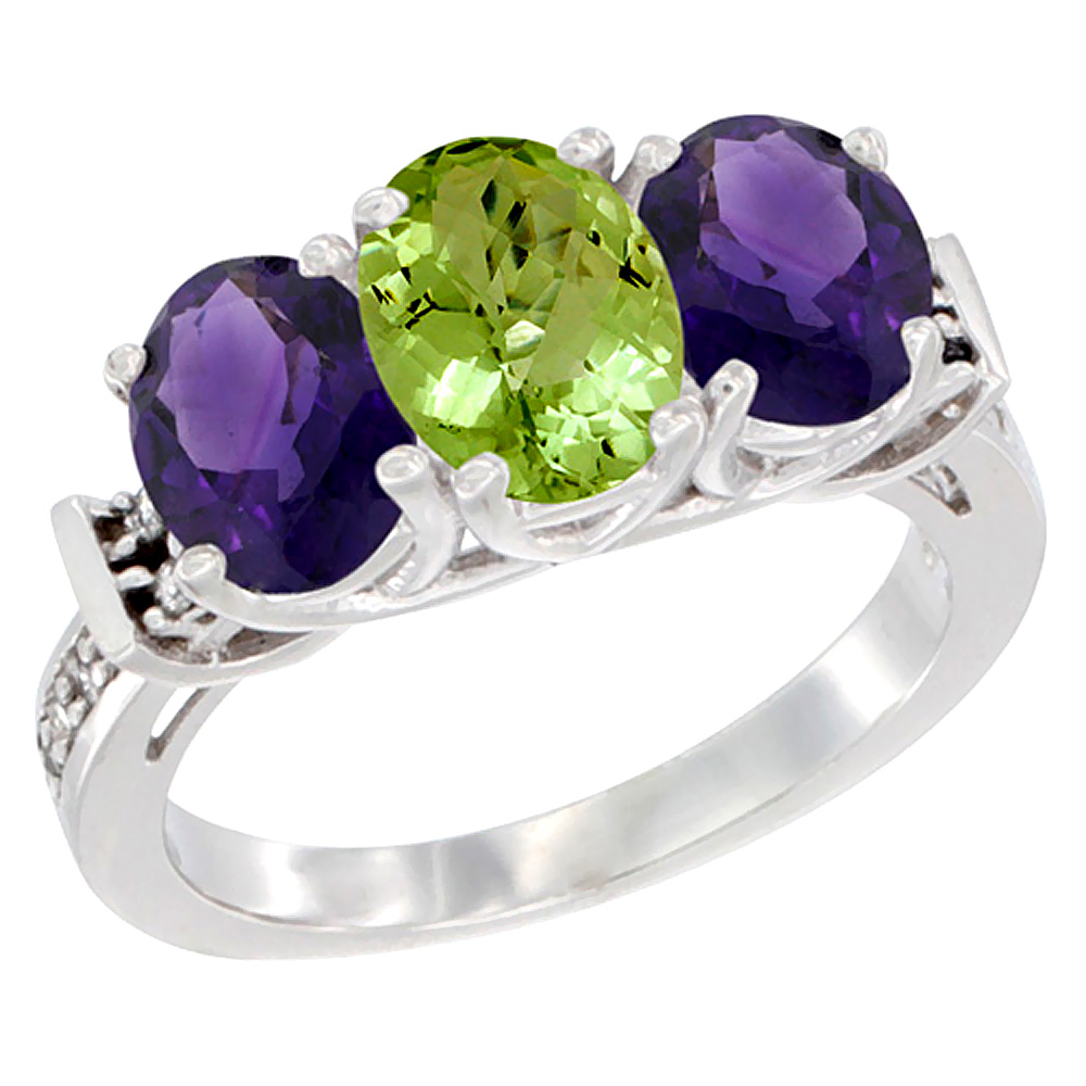 10K White Gold Natural Peridot &amp; Amethyst Sides Ring 3-Stone Oval Diamond Accent, sizes 5 - 10