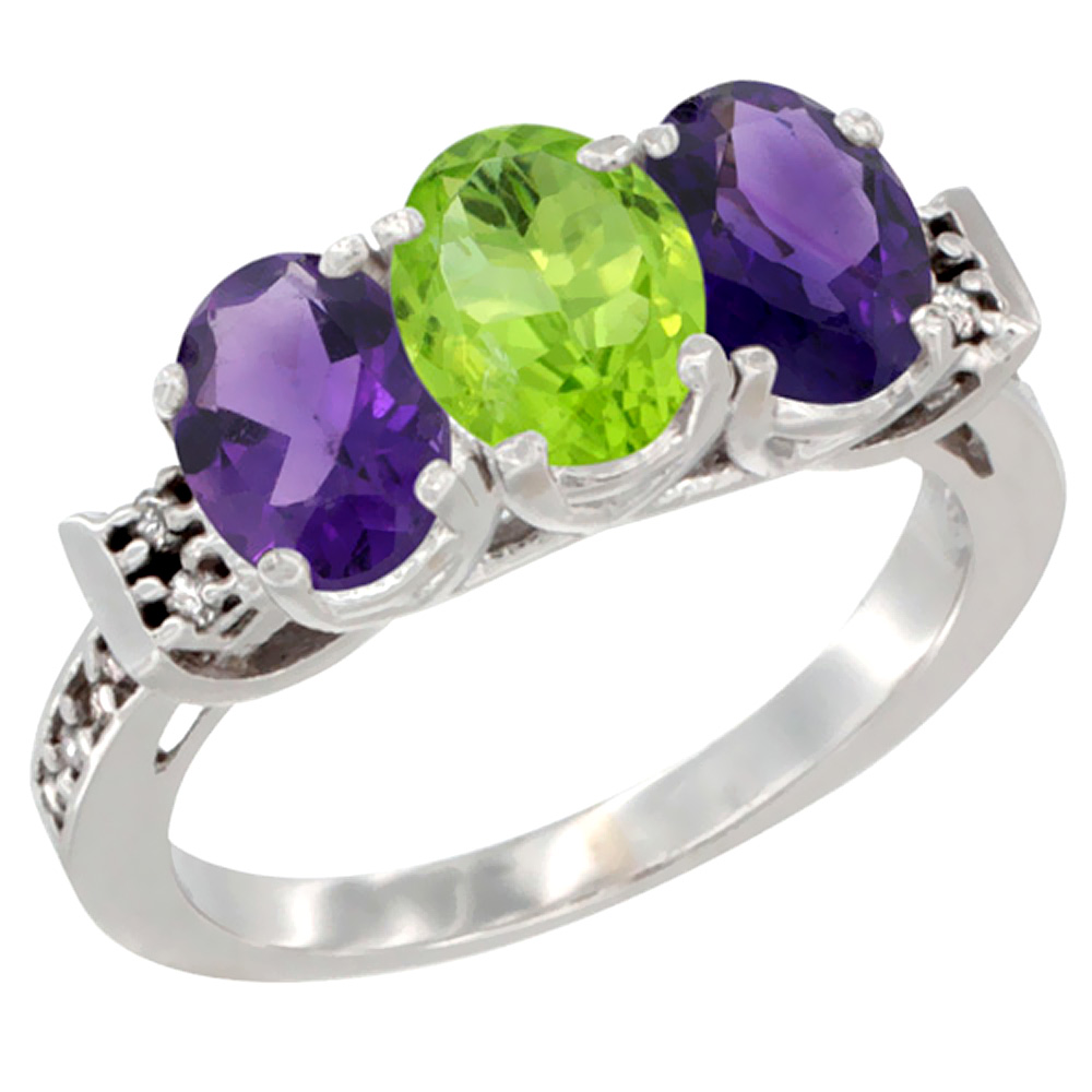 10K White Gold Natural Peridot &amp; Amethyst Sides Ring 3-Stone Oval 7x5 mm Diamond Accent, sizes 5 - 10