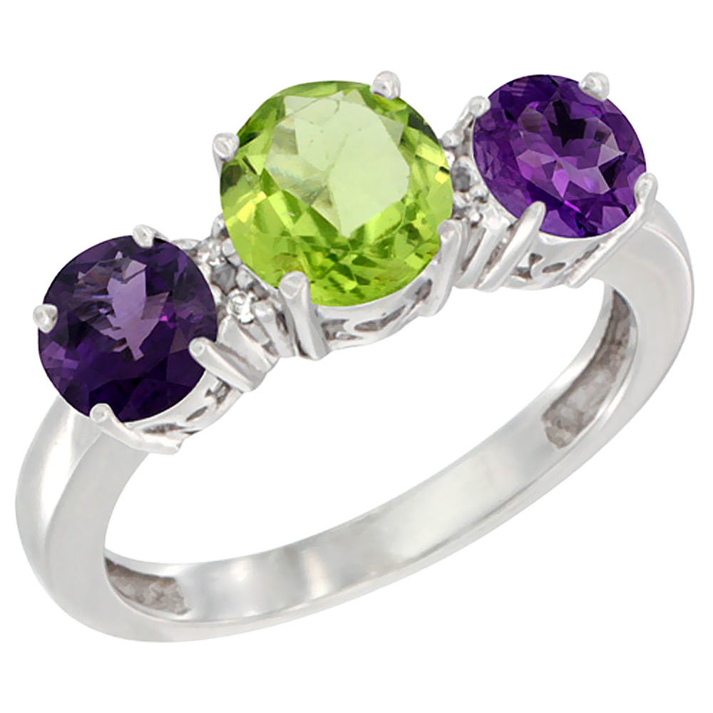 14K White Gold Round 3-Stone Natural Peridot Ring &amp; Amethyst Sides Diamond Accent, sizes 5 - 10