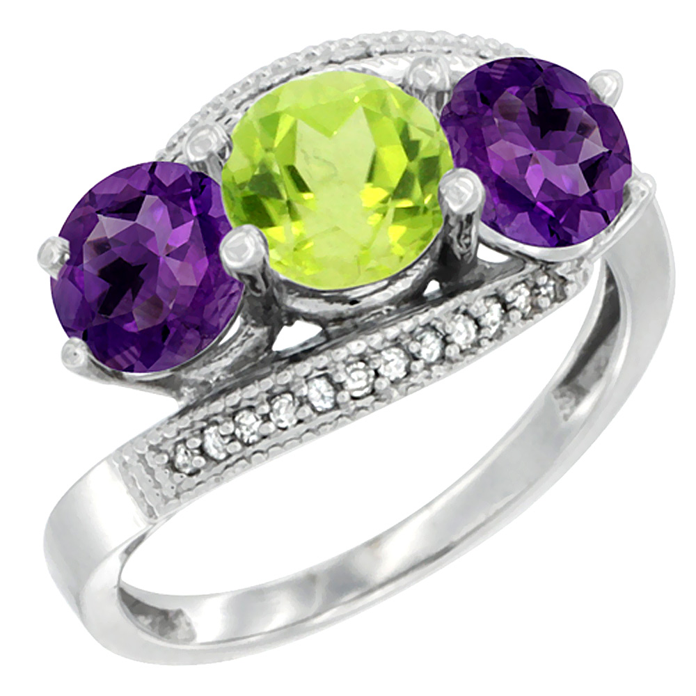10K White Gold Natural Peridot & Amethyst Sides 3 stone Ring Round 6mm Diamond Accent, sizes 5 - 10