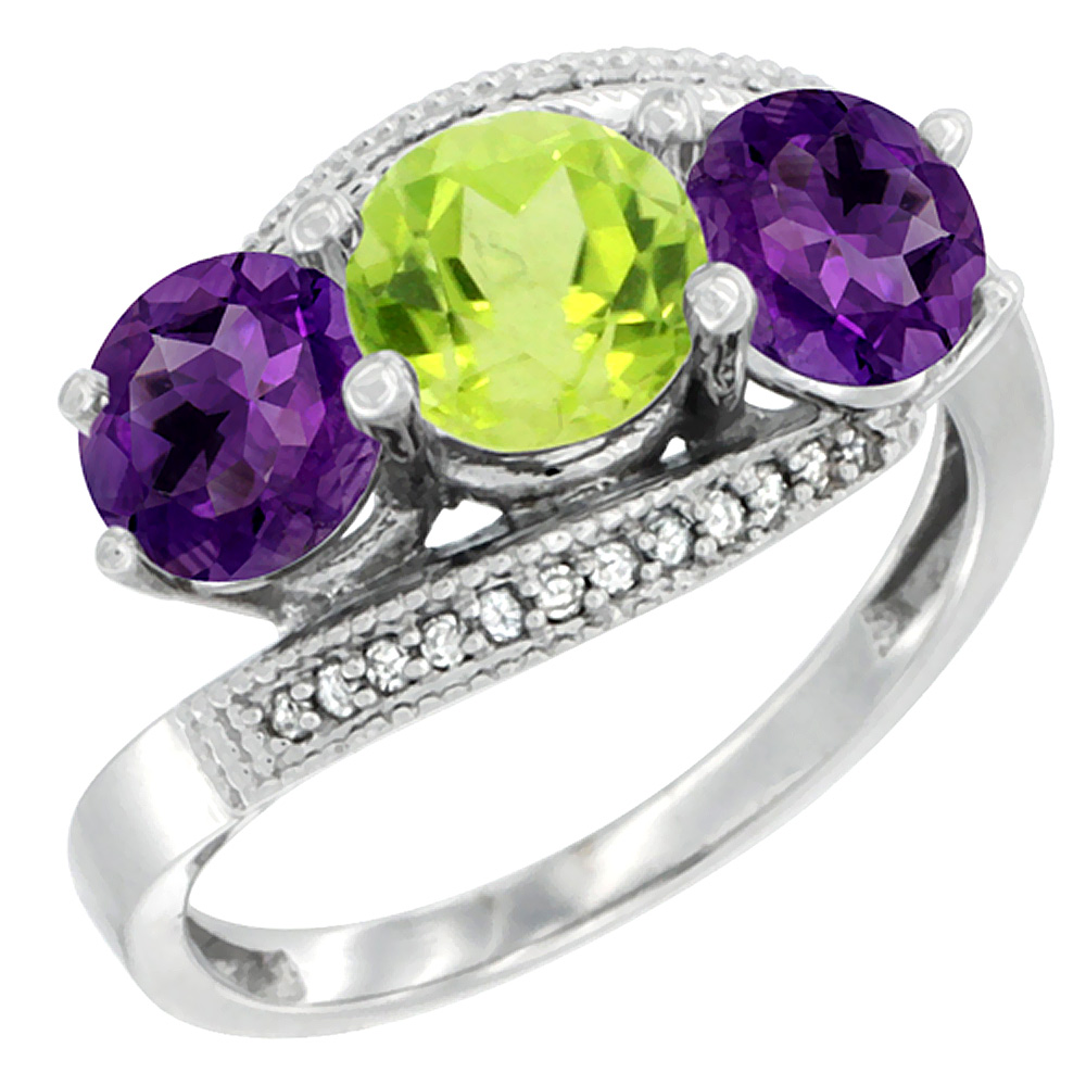 10K White Gold Natural Peridot &amp; Amethyst Sides 3 stone Ring Round 6mm Diamond Accent, sizes 5 - 10