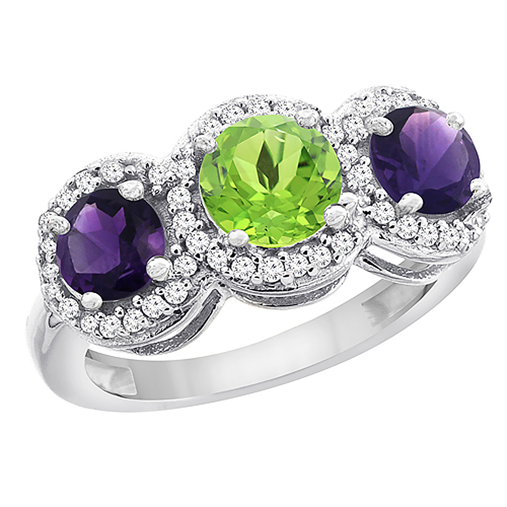 14K White Gold Natural Peridot &amp; Amethyst Sides Round 3-stone Ring Diamond Accents, sizes 5 - 10