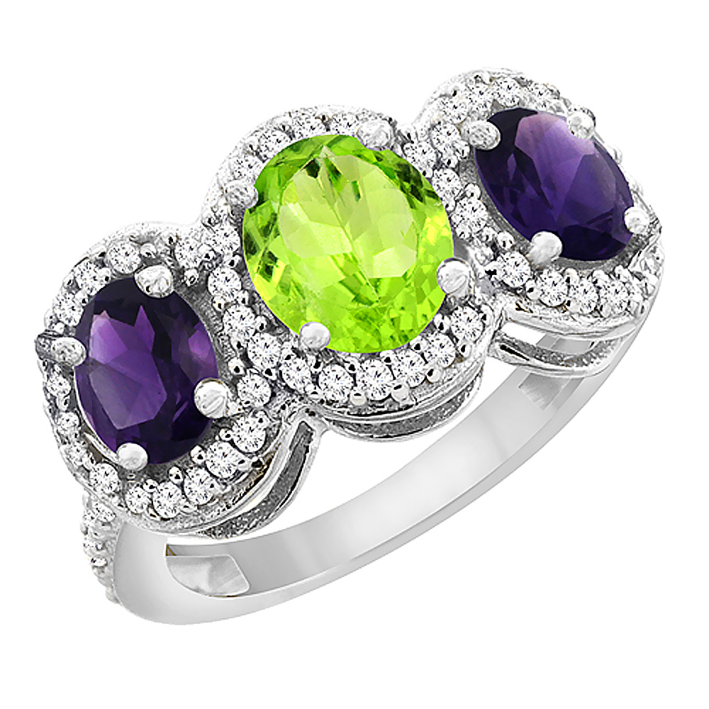 14K White Gold Natural Peridot & Amethyst 3-Stone Ring Oval Diamond Accent, sizes 5 - 10