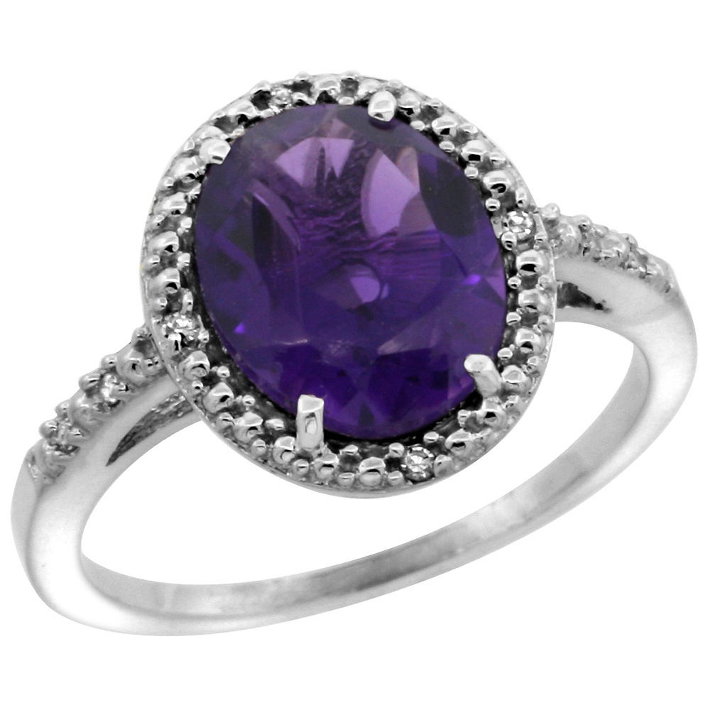 14K White Gold Diamond Natural Amethyst Engagement Ring Oval 10x8mm, sizes 5-10