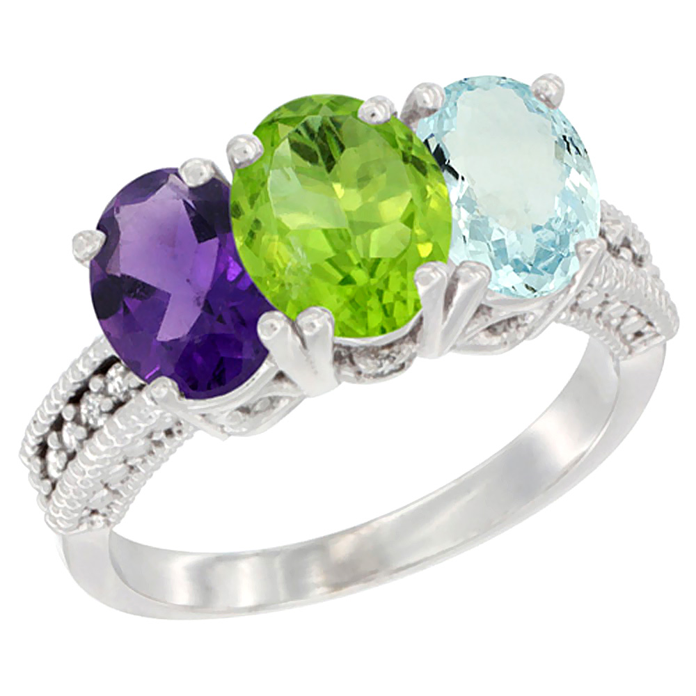 14K White Gold Natural Amethyst, Peridot &amp; Aquamarine Ring 3-Stone 7x5 mm Oval Diamond Accent, sizes 5 - 10