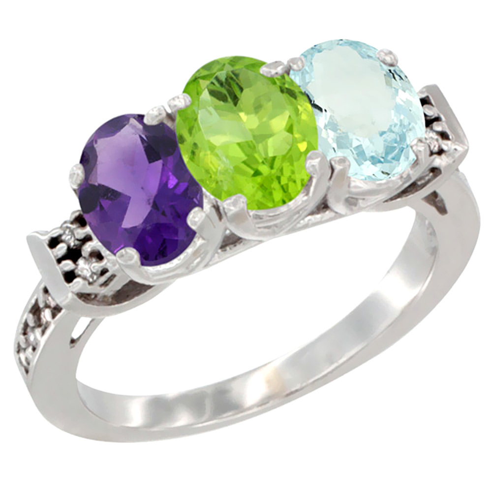 14K White Gold Natural Amethyst, Peridot & Aquamarine Ring 3-Stone 7x5 mm Oval Diamond Accent, sizes 5 - 10