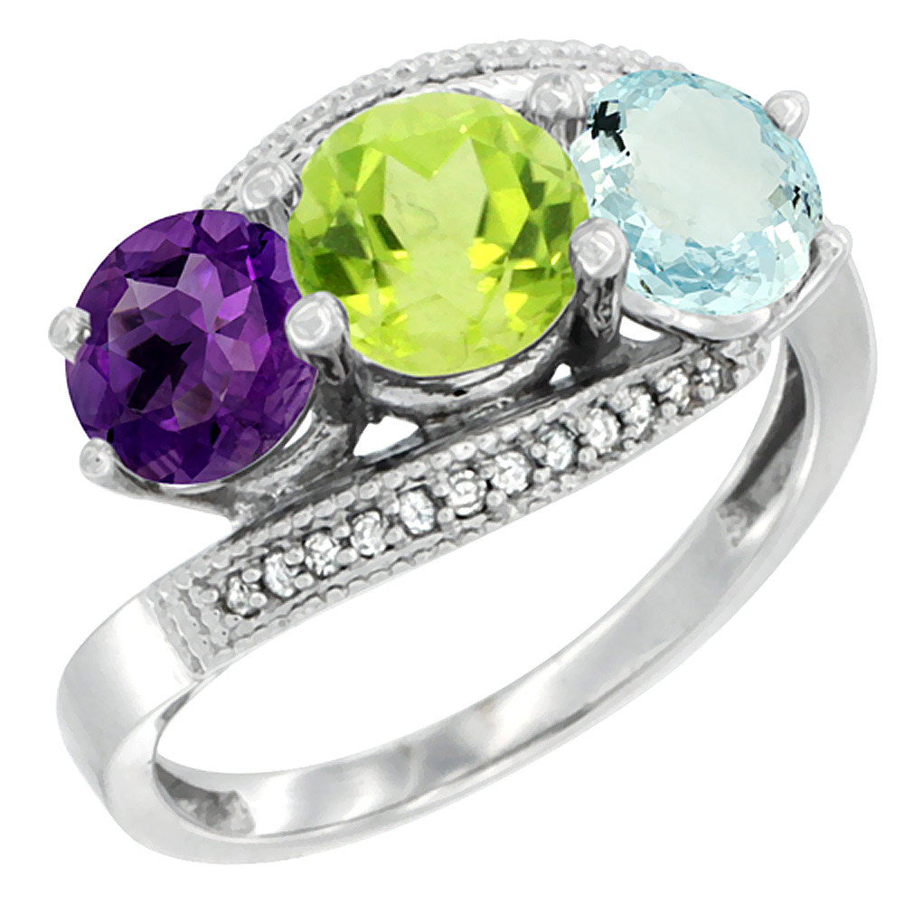 10K White Gold Natural Amethyst, Peridot & Aquamarine 3 stone Ring Round 6mm Diamond Accent, sizes 5 - 10