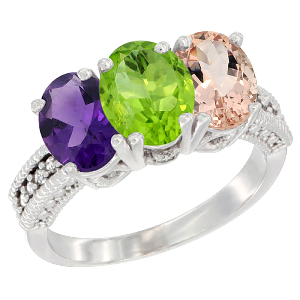 10K White Gold Natural Amethyst, Peridot & Morganite Ring 3-Stone Oval 7x5 mm Diamond Accent, sizes 5 - 10