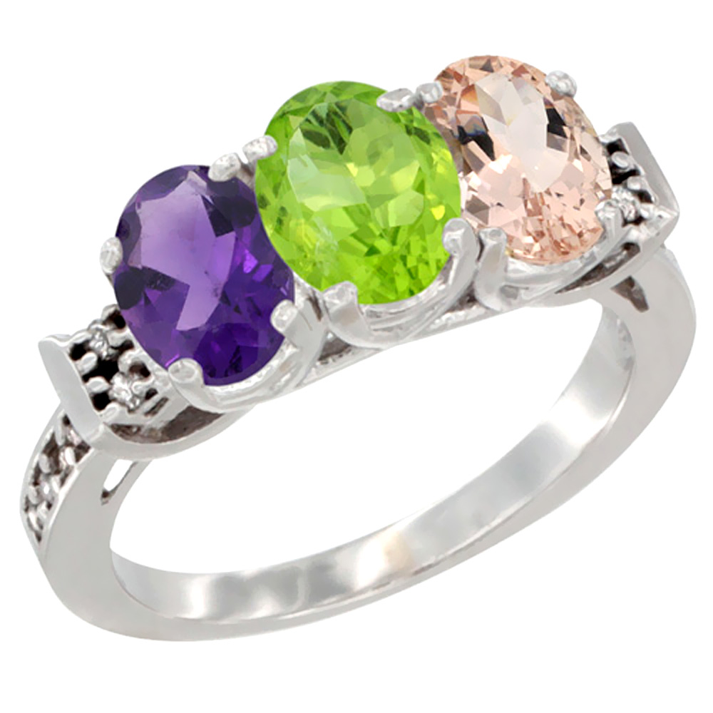 10K White Gold Natural Amethyst, Peridot &amp; Morganite Ring 3-Stone Oval 7x5 mm Diamond Accent, sizes 5 - 10