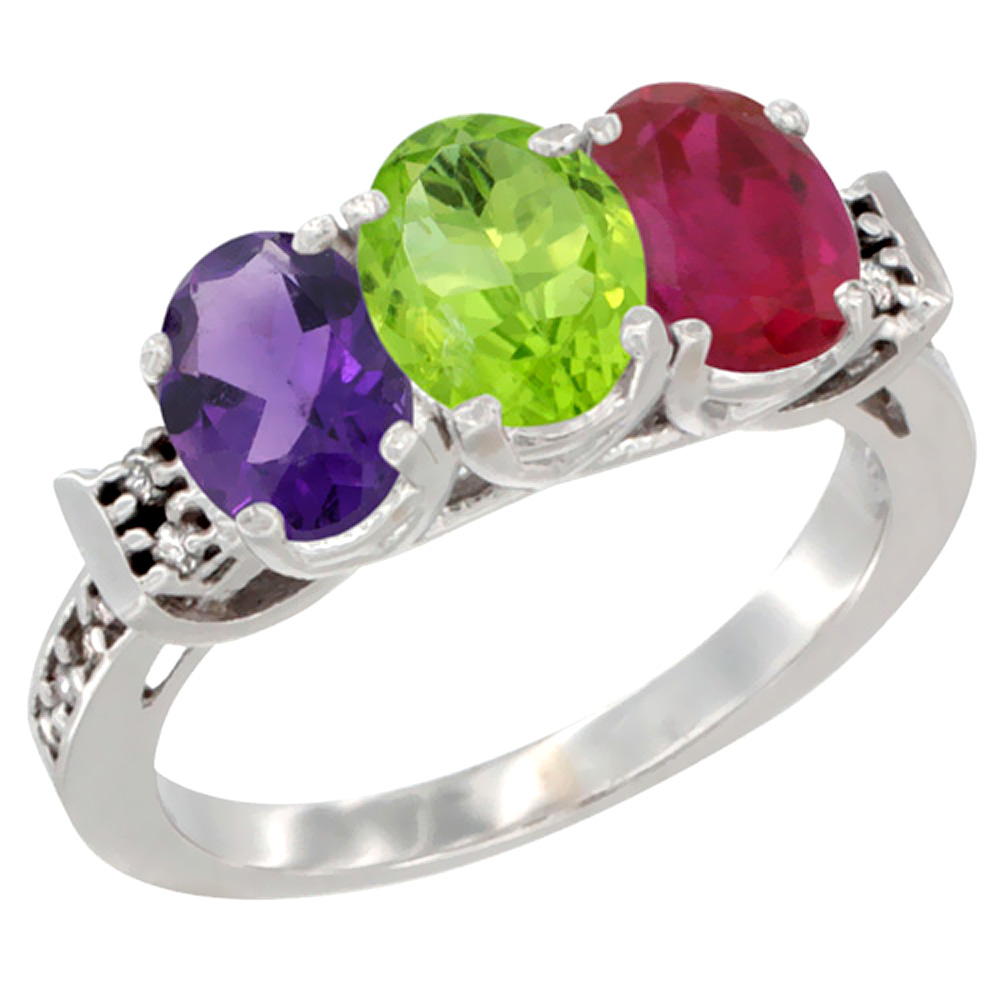 10K White Gold Natural Amethyst, Peridot & Enhanced Ruby Ring 3-Stone Oval 7x5 mm Diamond Accent, sizes 5 - 10