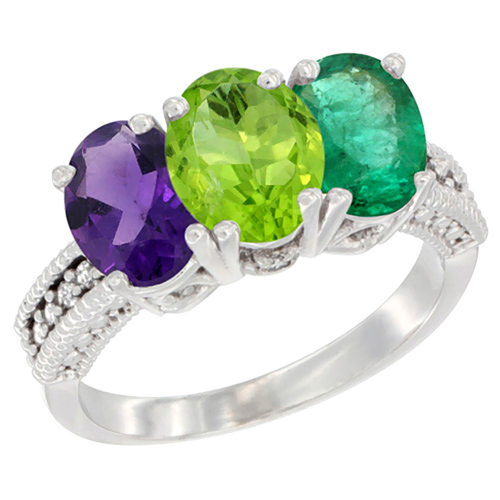 10K White Gold Natural Amethyst, Peridot & Emerald Ring 3-Stone Oval 7x5 mm Diamond Accent, sizes 5 - 10
