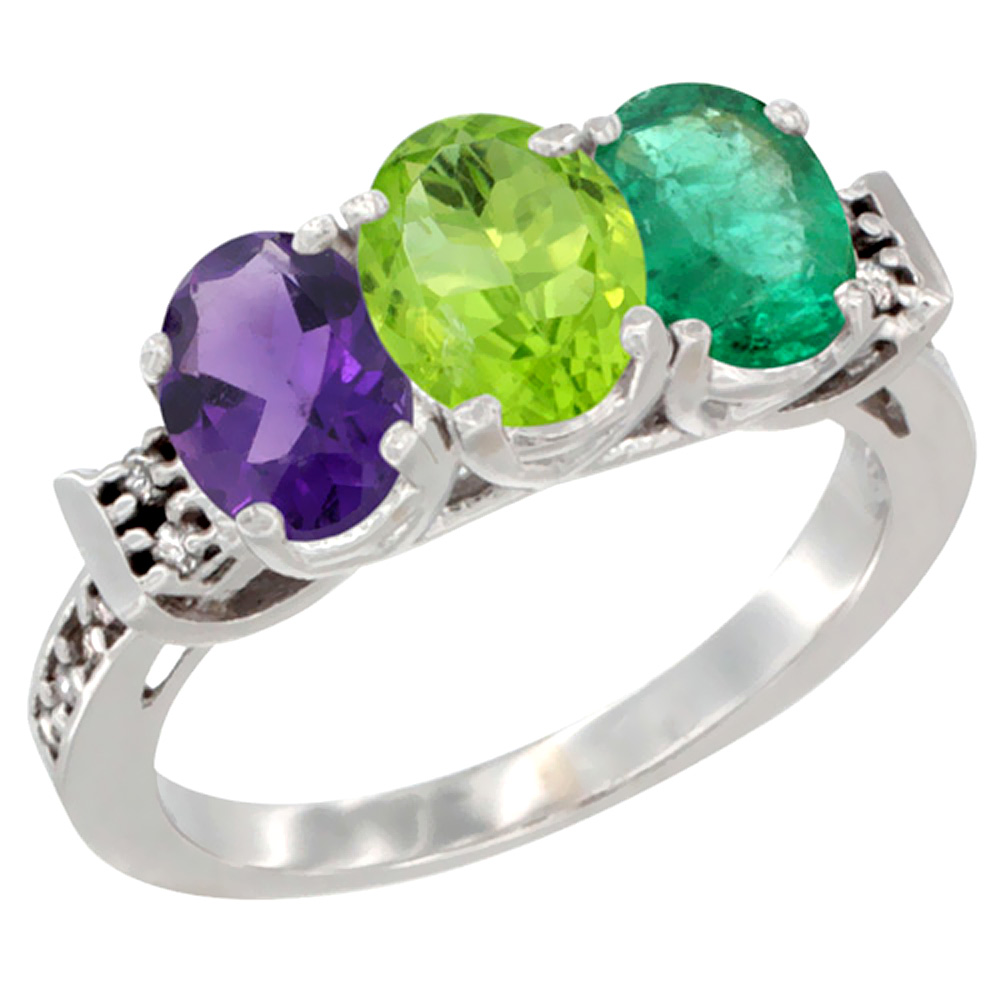14K White Gold Natural Amethyst, Peridot & Emerald Ring 3-Stone 7x5 mm Oval Diamond Accent, sizes 5 - 10