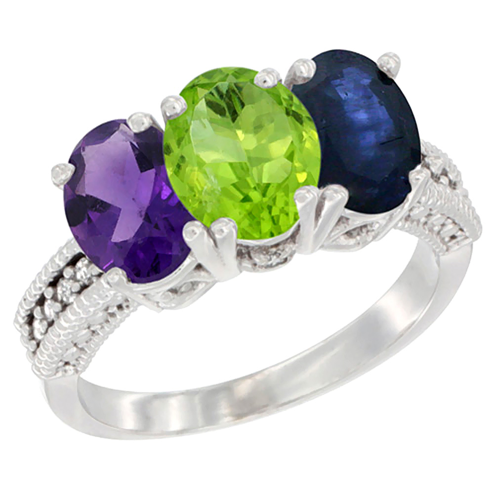 10K White Gold Natural Amethyst, Peridot & Blue Sapphire Ring 3-Stone Oval 7x5 mm Diamond Accent, sizes 5 - 10