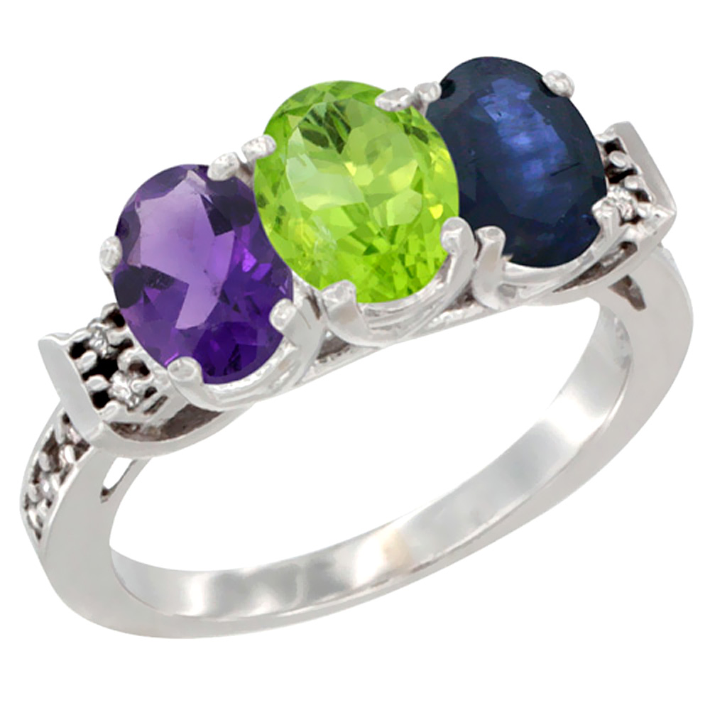 10K White Gold Natural Amethyst, Peridot & Blue Sapphire Ring 3-Stone Oval 7x5 mm Diamond Accent, sizes 5 - 10