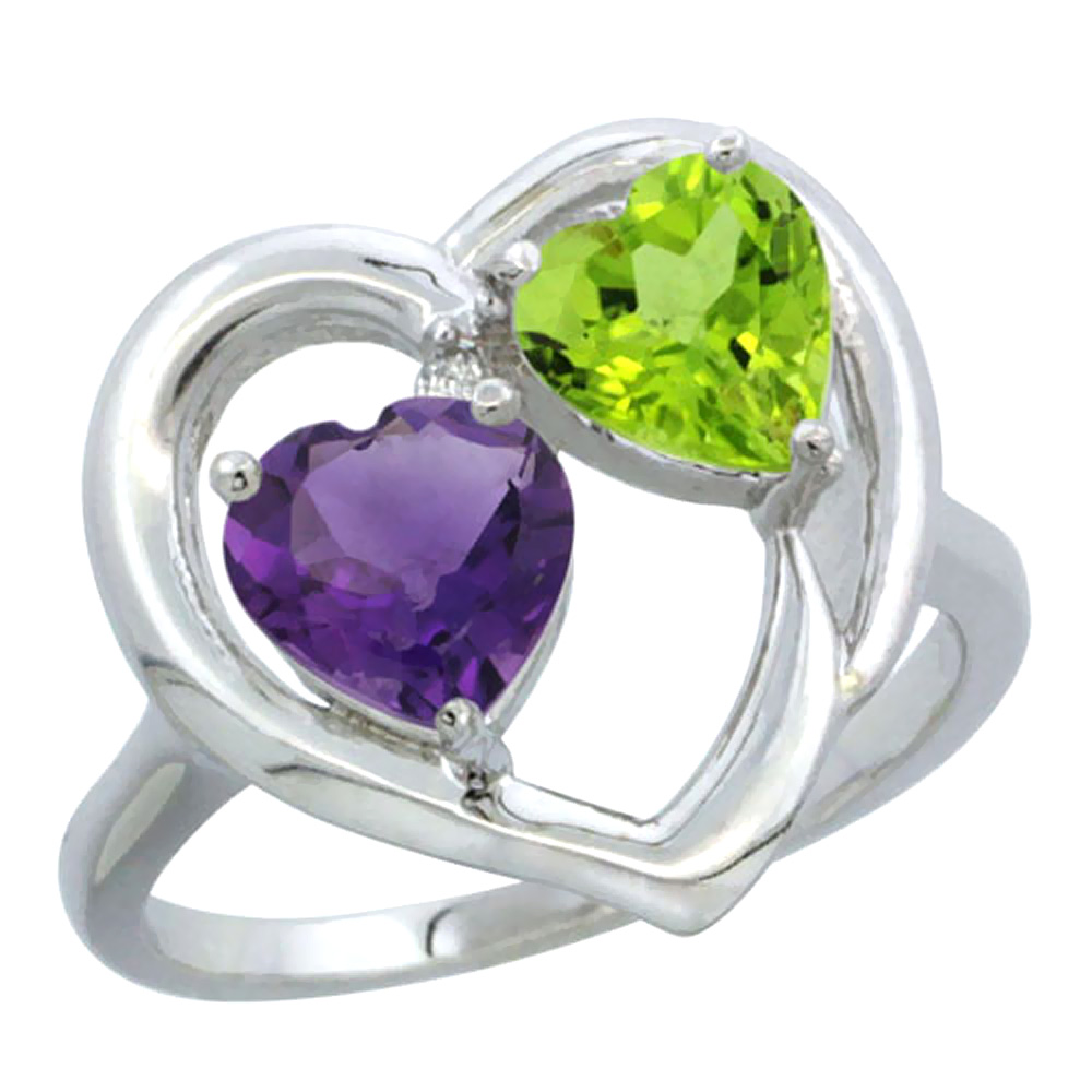 14K White Gold Diamond Two-stone Heart Ring 6mm Natural Amethyst &amp; Peridot, sizes 5-10