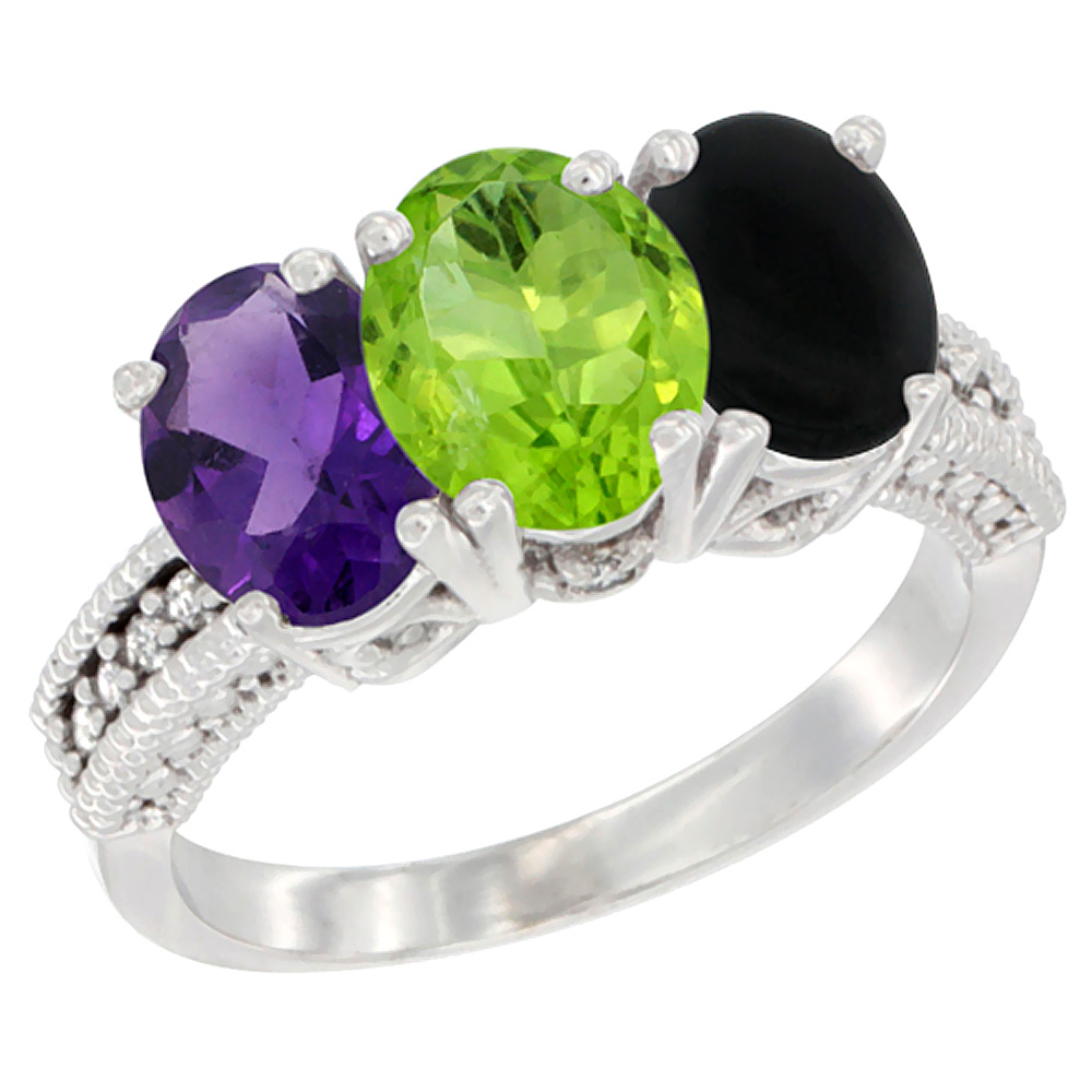 14K White Gold Natural Amethyst, Peridot & Black Onyx Ring 3-Stone 7x5 mm Oval Diamond Accent, sizes 5 - 10