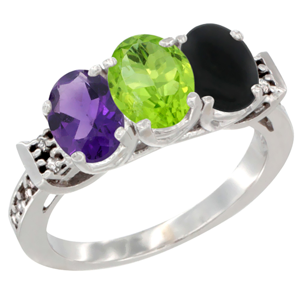 10K White Gold Natural Amethyst, Peridot &amp; Black Onyx Ring 3-Stone Oval 7x5 mm Diamond Accent, sizes 5 - 10