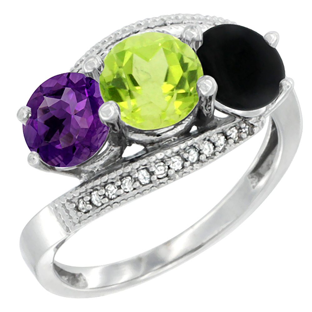 14K White Gold Natural Amethyst, Peridot & Black Onyx 3 stone Ring Round 6mm Diamond Accent, sizes 5 - 10