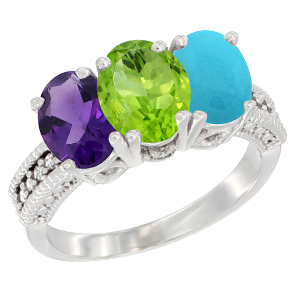 10K White Gold Natural Amethyst, Peridot &amp; Turquoise Ring 3-Stone Oval 7x5 mm Diamond Accent, sizes 5 - 10