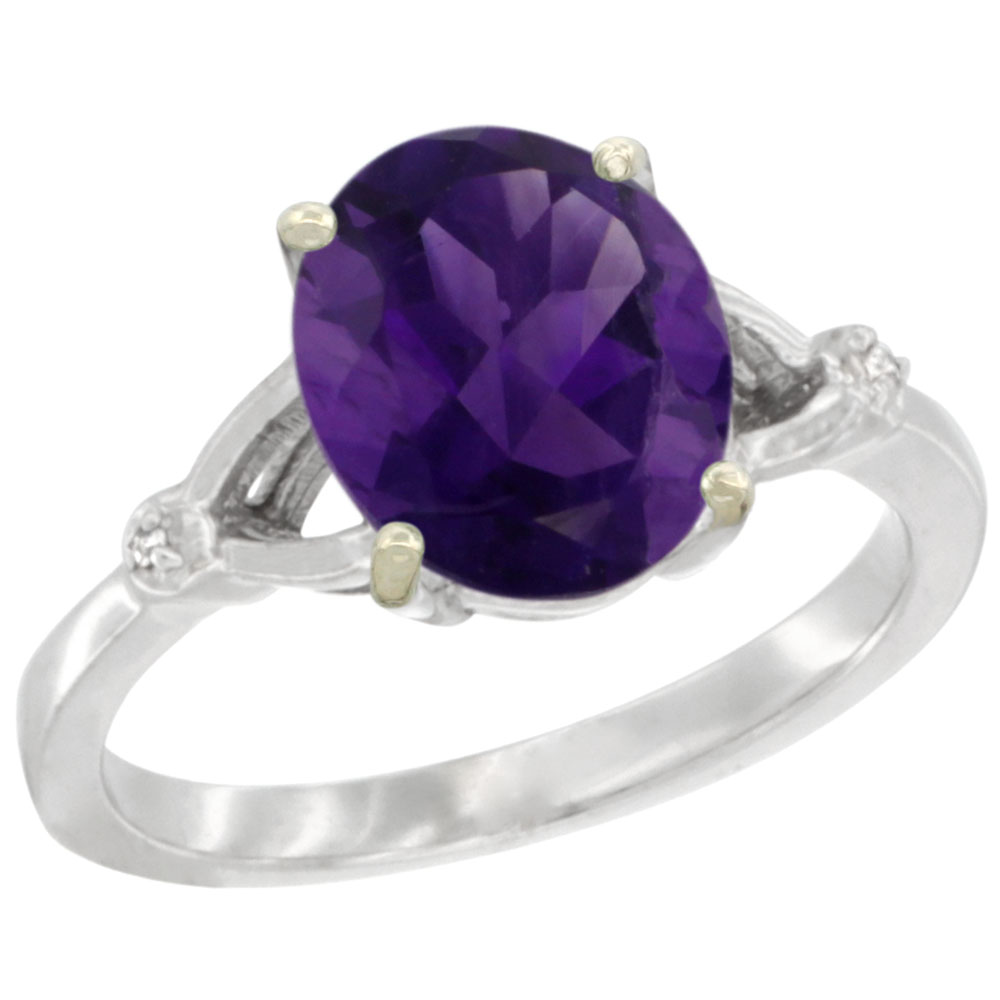 14K White Gold Diamond Natural Amethyst Engagement Ring Oval 10x8mm, sizes 5-10