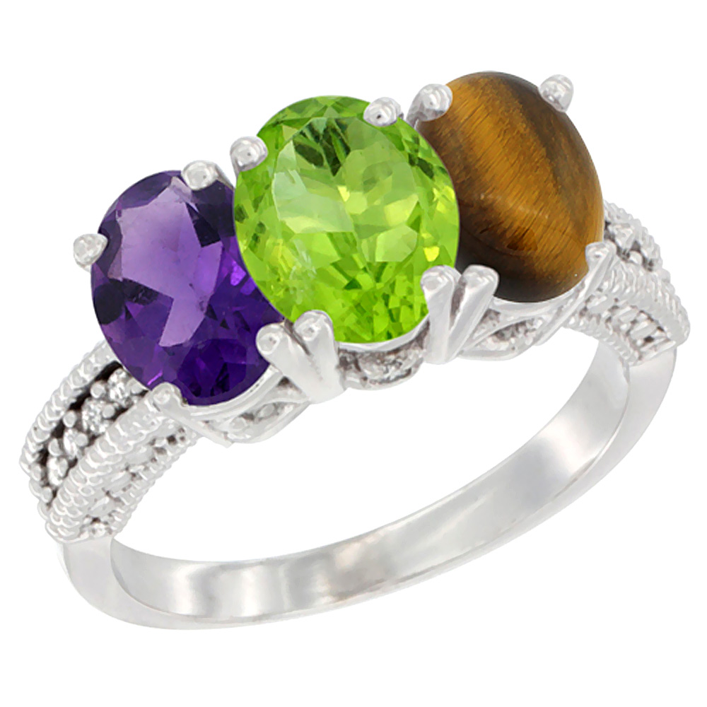 14K White Gold Natural Amethyst, Peridot & Tiger Eye Ring 3-Stone 7x5 mm Oval Diamond Accent, sizes 5 - 10