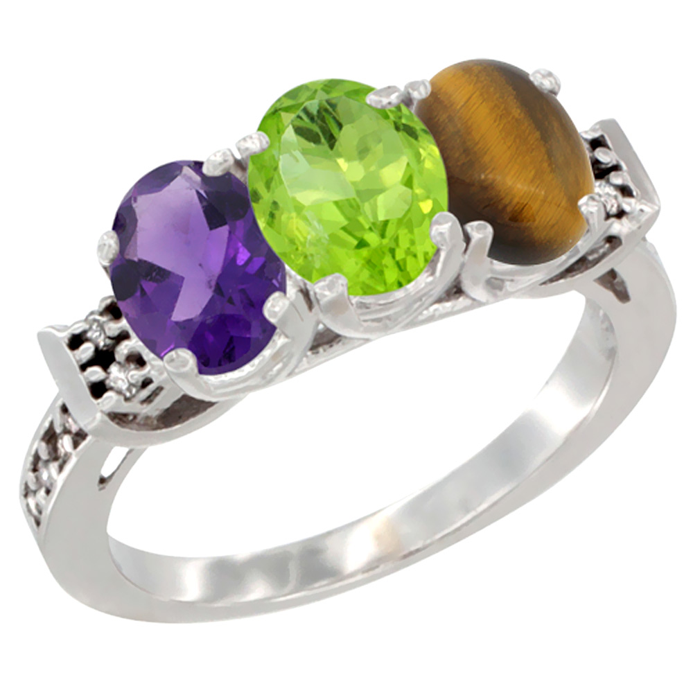 14K White Gold Natural Amethyst, Peridot &amp; Tiger Eye Ring 3-Stone 7x5 mm Oval Diamond Accent, sizes 5 - 10