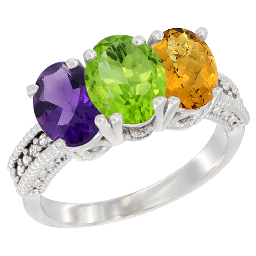 14K White Gold Natural Amethyst, Peridot & Whisky Quartz Ring 3-Stone 7x5 mm Oval Diamond Accent, sizes 5 - 10