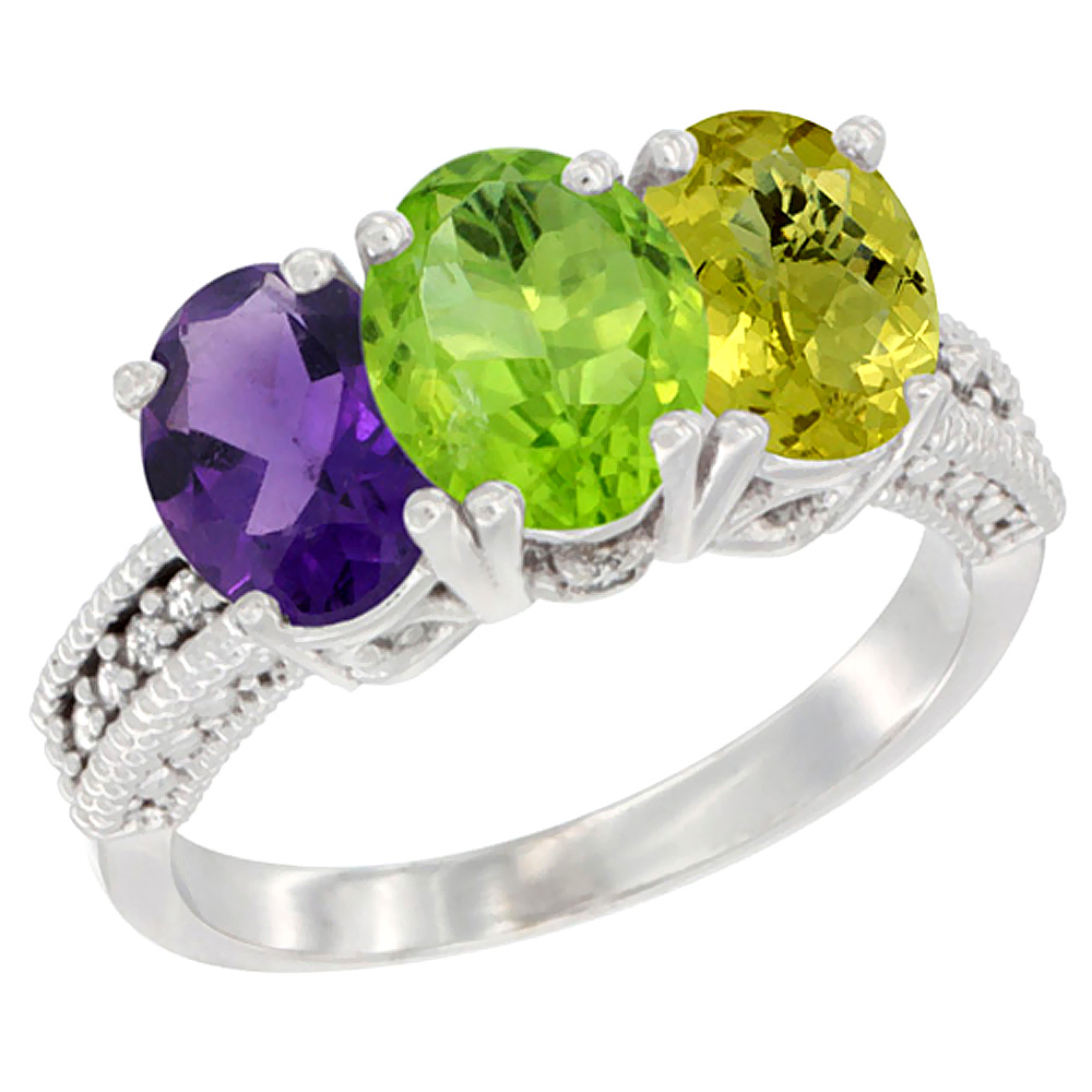 14K White Gold Natural Amethyst, Peridot &amp; Lemon Quartz Ring 3-Stone 7x5 mm Oval Diamond Accent, sizes 5 - 10