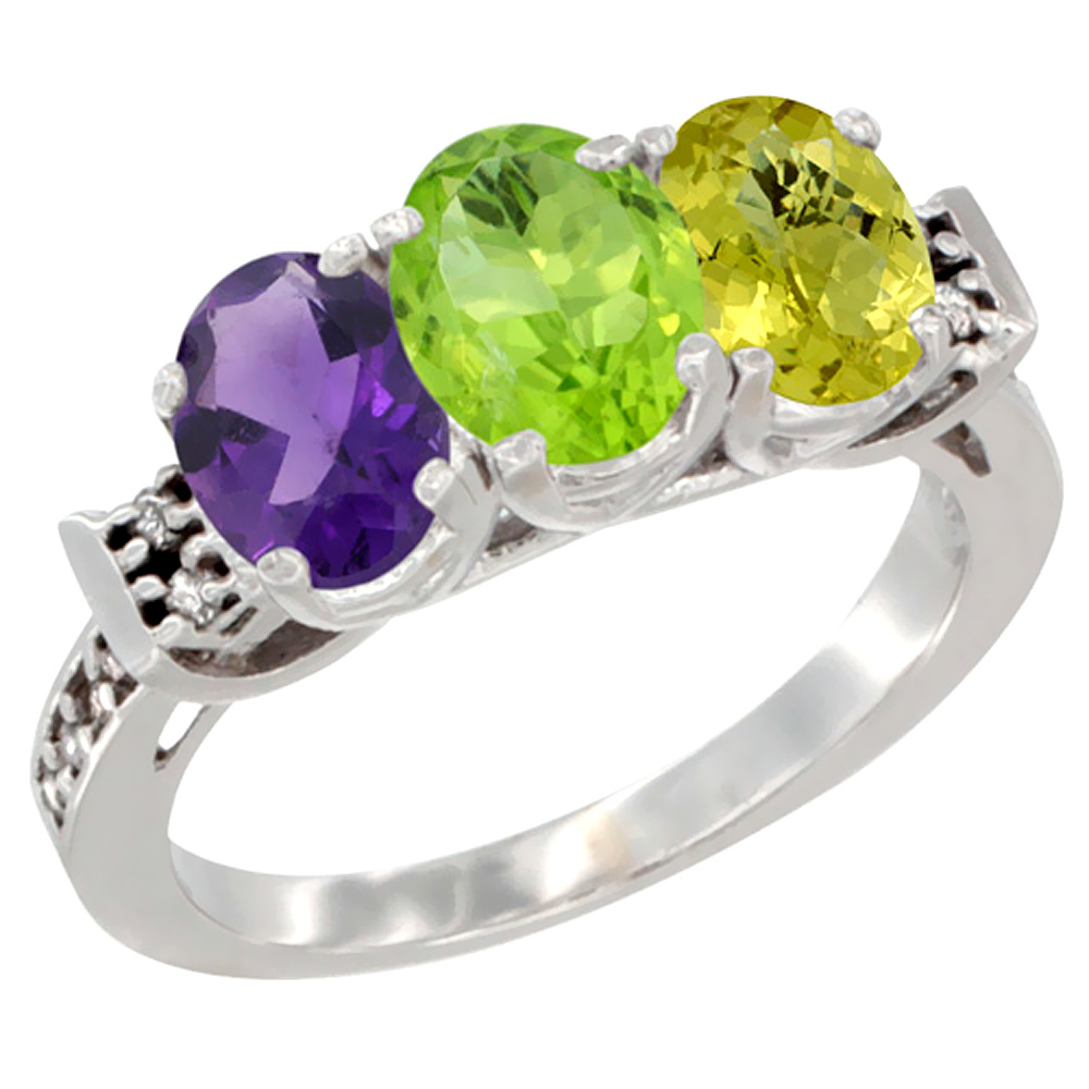 14K White Gold Natural Amethyst, Peridot &amp; Lemon Quartz Ring 3-Stone 7x5 mm Oval Diamond Accent, sizes 5 - 10