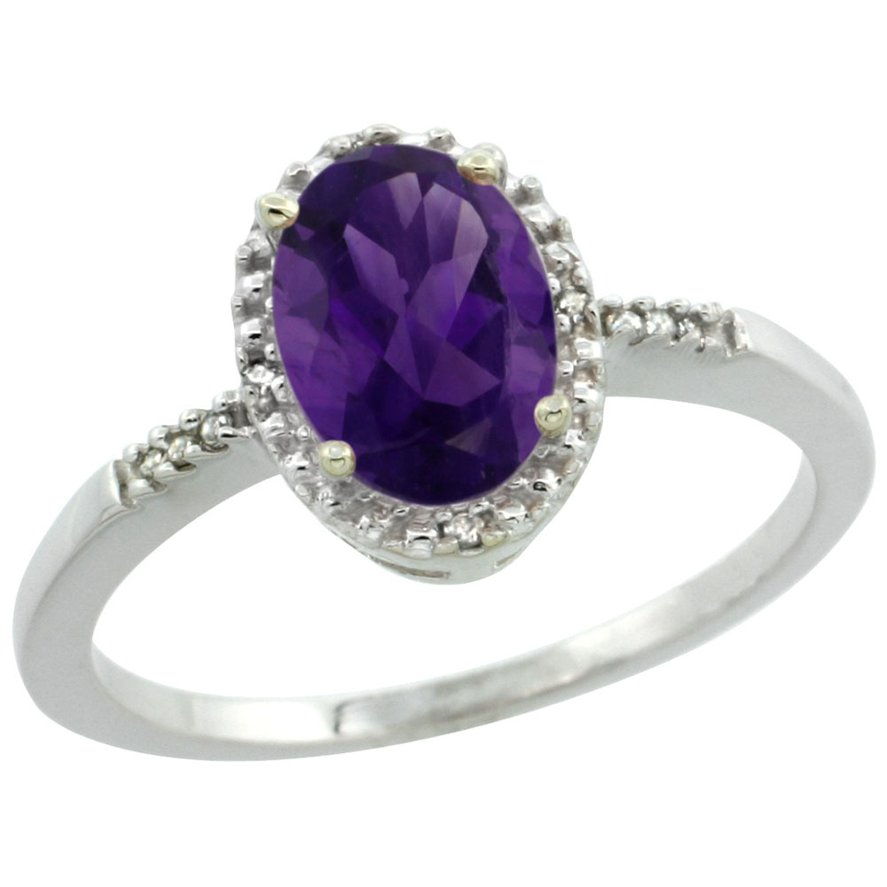 14K White Gold Diamond Natural Amethyst Ring Oval 8x6mm, sizes 5-10