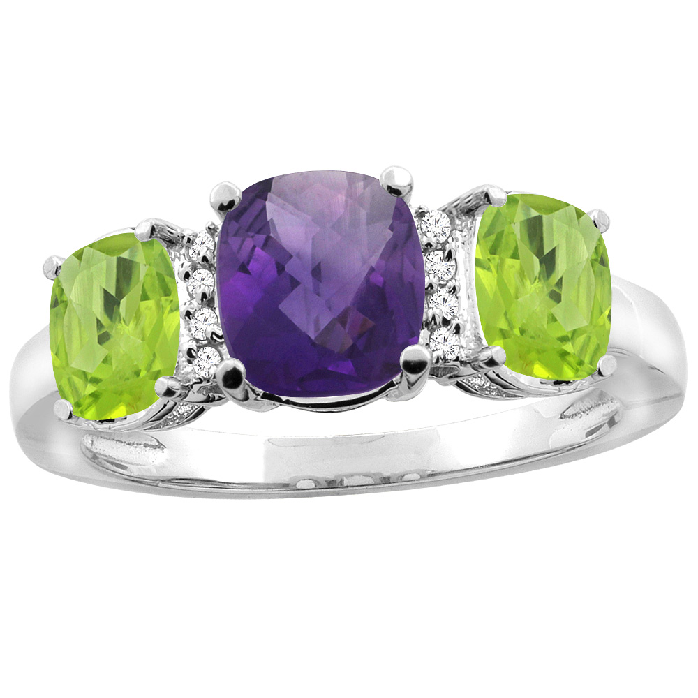 14K White Gold Natural Amethyst & Peridot 3-stone Ring Cushion 8x6mm Diamond Accent, sizes 5 - 10