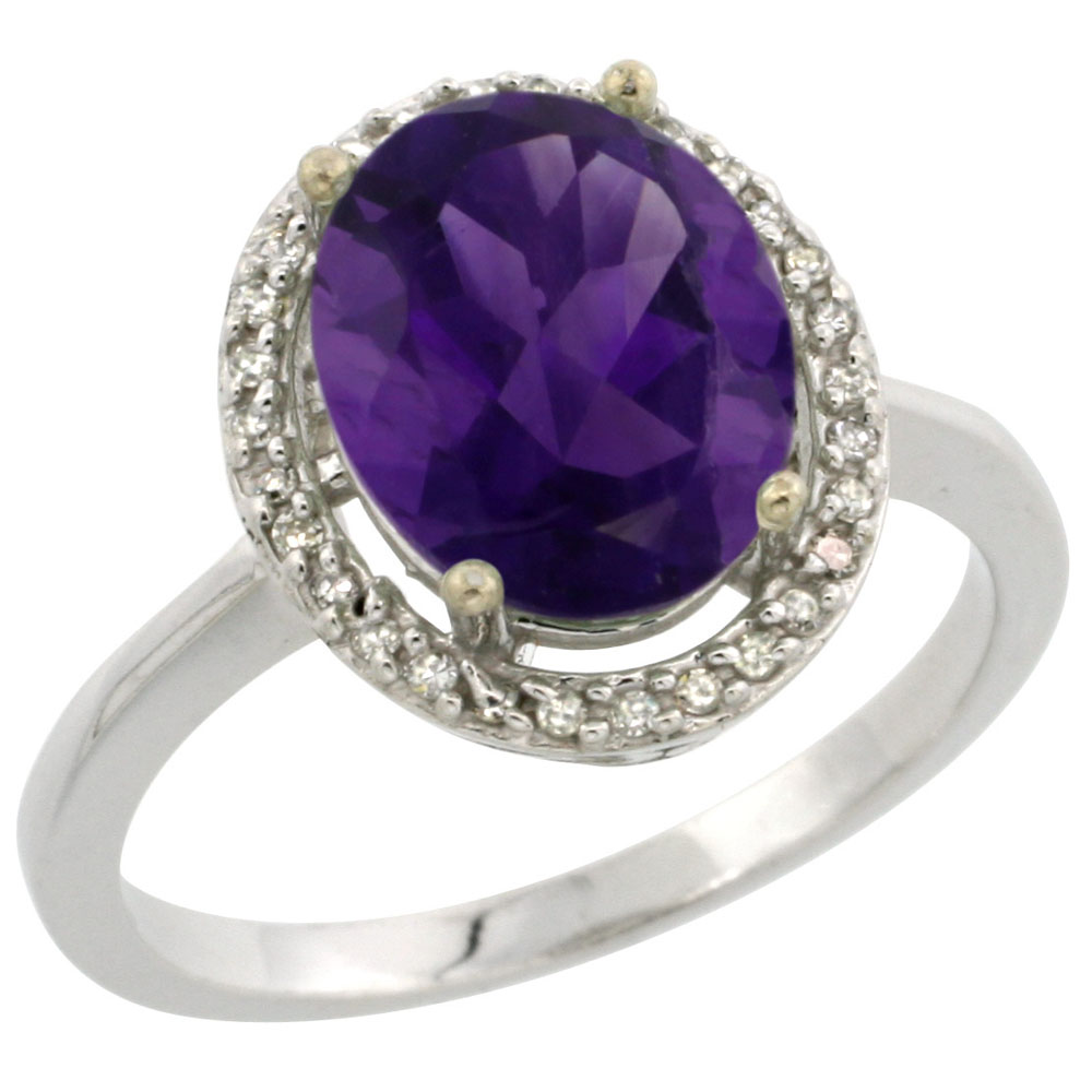 14K White Gold Diamond Natural Amethyst Engagement Ring Oval 10x8mm, sizes 5-10