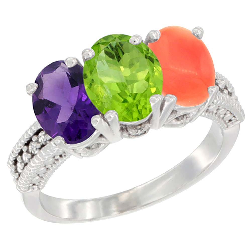 14K White Gold Natural Amethyst, Peridot &amp; Coral Ring 3-Stone 7x5 mm Oval Diamond Accent, sizes 5 - 10