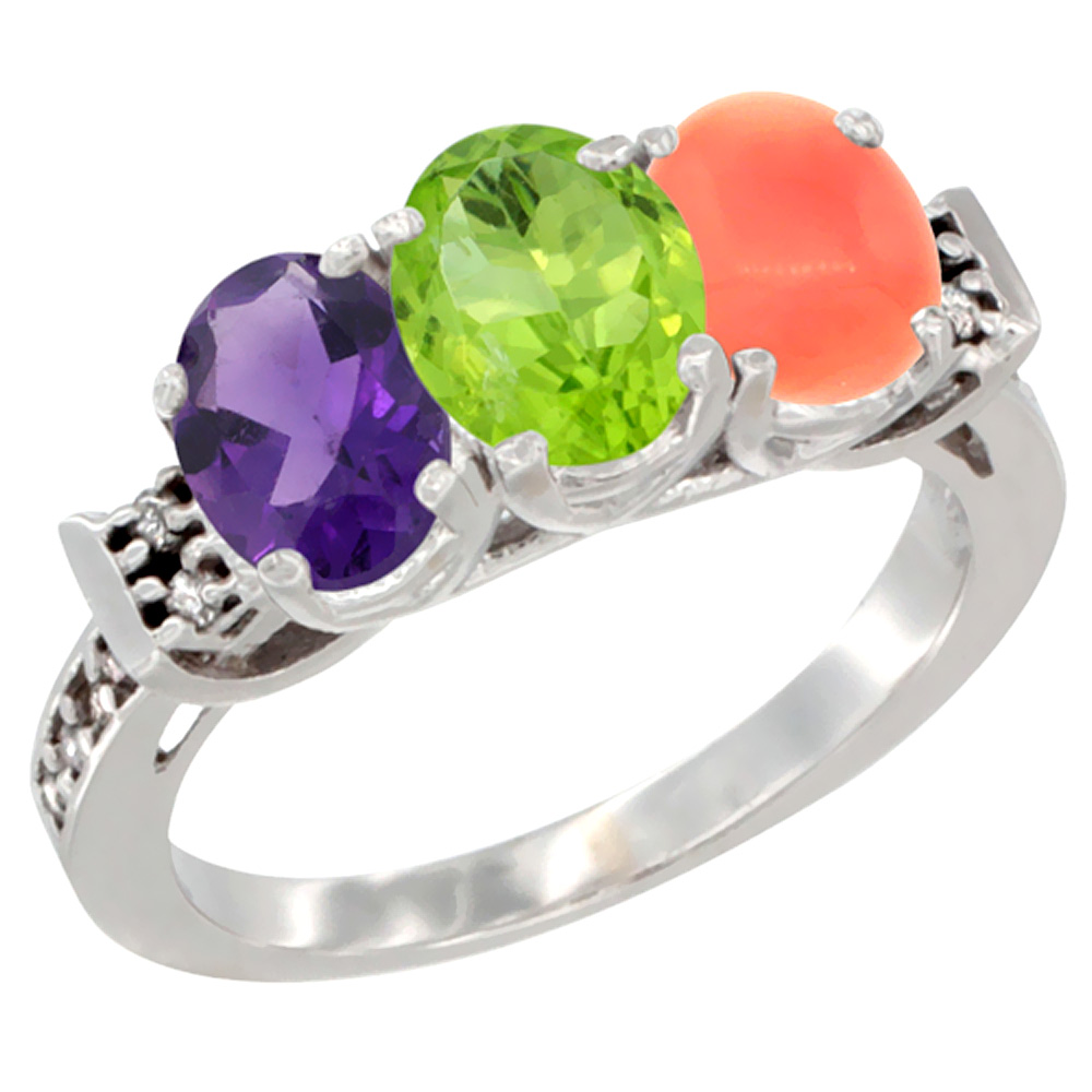 10K White Gold Natural Amethyst, Peridot & Coral Ring 3-Stone Oval 7x5 mm Diamond Accent, sizes 5 - 10