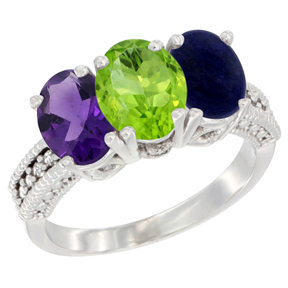 14K White Gold Natural Amethyst, Peridot &amp; Lapis Ring 3-Stone 7x5 mm Oval Diamond Accent, sizes 5 - 10