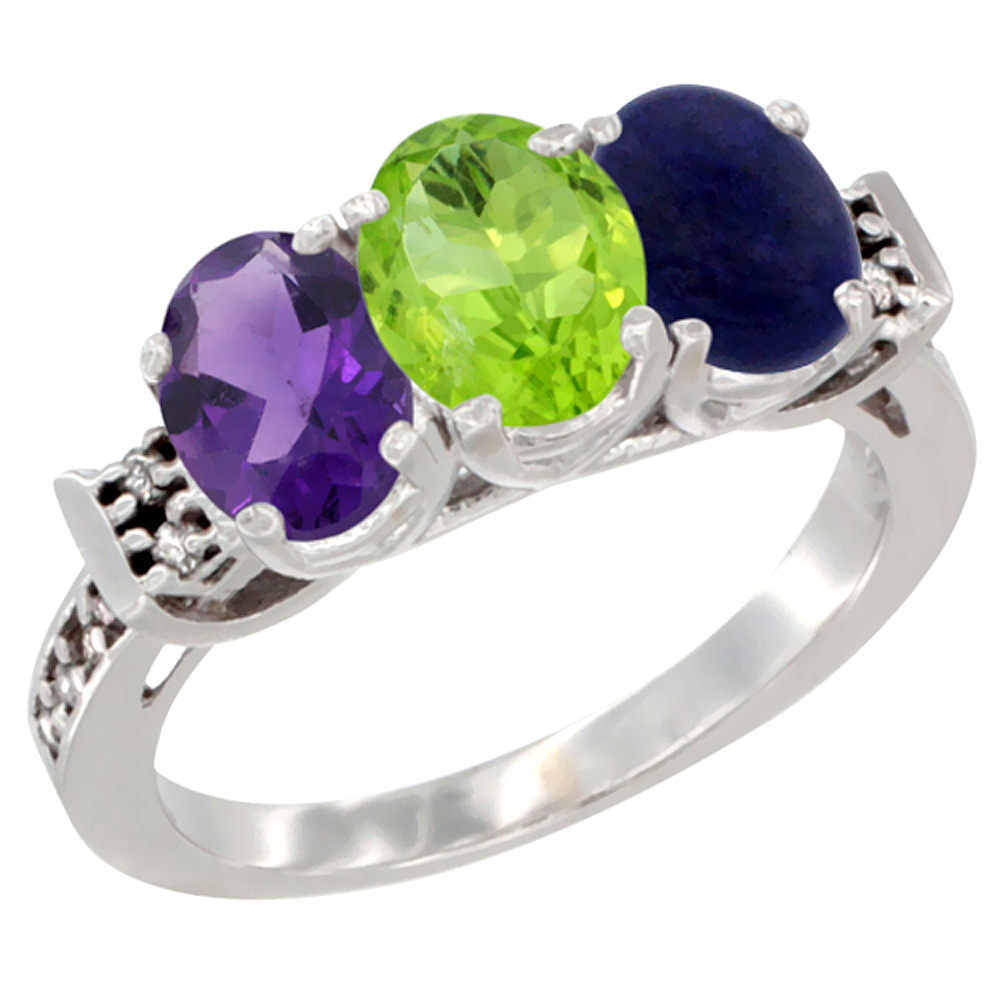 14K White Gold Natural Amethyst, Peridot & Lapis Ring 3-Stone 7x5 mm Oval Diamond Accent, sizes 5 - 10